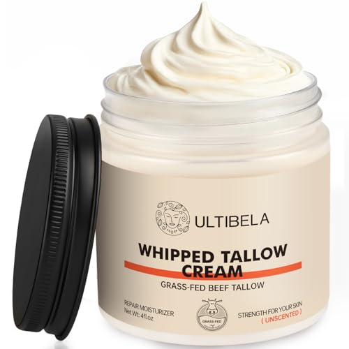 ULTIBELA Beef Tallow for Skin, 100% Grass-Fed Whipped Tallow and Honey Balm for Body & Face Natural Body Cream for Dry & Sensitive Skin Care 4OZ (Unscented)