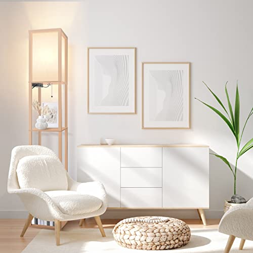 Outon Floor Lamp With Shelves, Led Modern Shelf Floor Lamp With 2 Usb Ports & Power Outlet, 3 Color Temperature, Storage Display Wood Column Standing Tall Lamp For Living Room, Bedroom, Office, Wood #TOP6