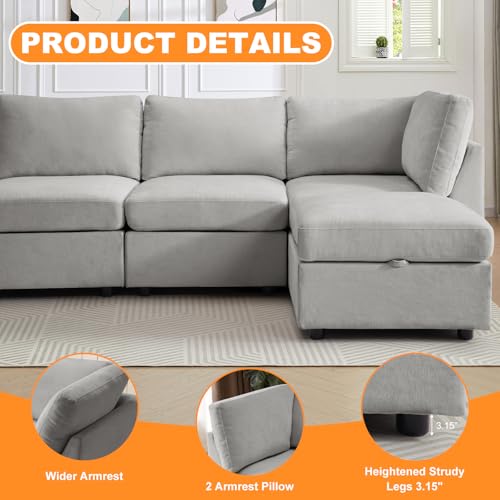 Image of TEKAMON 94 inch L Shaped Modern Sofa Modular Sectional Couch with Ottoman, 4-Seat Chenille Deep Seat Sofa for Living Room, Bedroom and Apartment, Light Grey