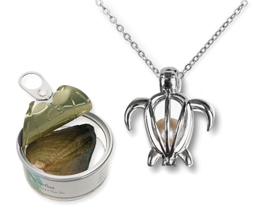 Pearlina Turtle Necklace Cultured Pearl in Oyster Set Silver tone Plated Cage W/Stainless Steel Chain 18