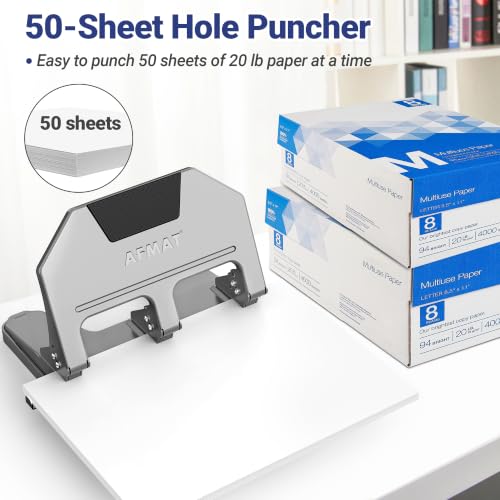 Image of AFMAT 3 Hole Punch Heavy Duty, 9 /32 inch Hole Diameter, 50-Sheet 3 Hole Puncher for Binder, 50% Reduced Effort, Metal Three Hole Punch w / 10,000+ Uses, Bulit-in S.S. Paper Guide, Large Chip Tray, HPX5