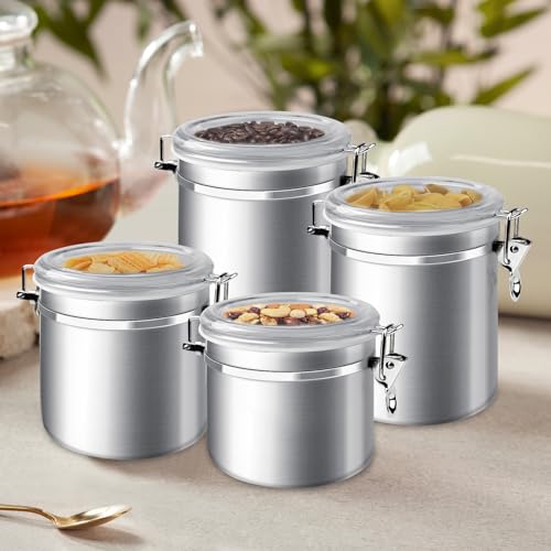 ENLOY 4-Piece Stainless Steel Airtight Canister Set, Beautiful Food Storage Container for Kitchen Counter, Tea, Sugar, , Caddy, Flour Canister with Acrylic Lid n' Locking Clamp Up to 65 oz