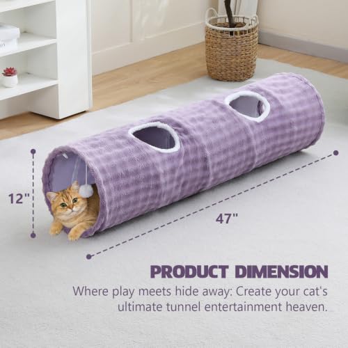 Image of Straight Bubble Cat Tunnel for Indoor Cats 47 inchx12 inch, Dusty Purple | Cute Cat Toys, Collapsible Tunnel Tube with Hanging Balls for Puppy Kitten Rabbit