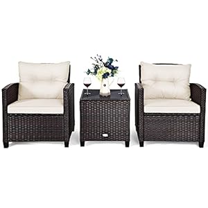 COSTWAY 3-TLG. Rattan Gartenmöbel Set, Polyrattan Sitzgruppe, 2 Sessel & 1 Beistelltisch, Balkonmöbel Bistroset Gartengarnitur, Gartenlounge Gartenset inkl. Glasplatte & Sitzkissen (Beige)