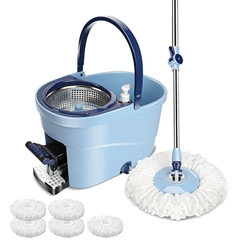 ZNM モップ 回転モップ フロアモップ 交換用モップパッド5枚付き 調整可能なハンドル ステンレス製絞り器 360回転 乾湿両用 フロアワイパー 組立簡単 収納簡単 家庭用クリーニング用