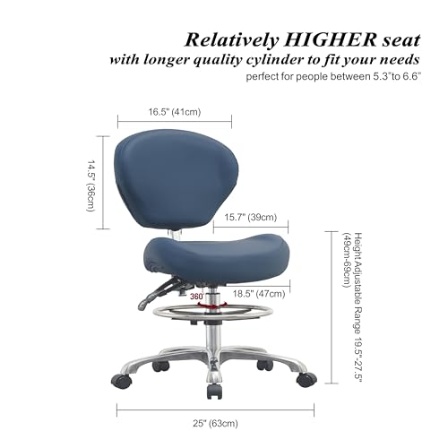 Image of Rolling Drafting Stool Chair with Back Support - Shop Stool with Backrest, Home Office Stool Chair, Height Adjustable Stool with Wheels for Computer, Office, Studio