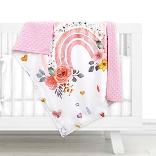 Image of Baby Blankets for Girls, Soft Double Layer Blankets with Dotted Backing, Floral Newborn Nursery Bed Blanket, Rainbow