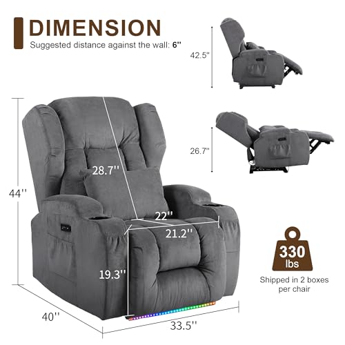 Image of DRMBOOK Power Recliner Chair, Electric Wall Hugger Reclining Sofa with Massage & Heat, Overstuffed Theater Seating with LED /USB Port /Cup Holders for Living Room (Linen Grey, 2 Chairs)