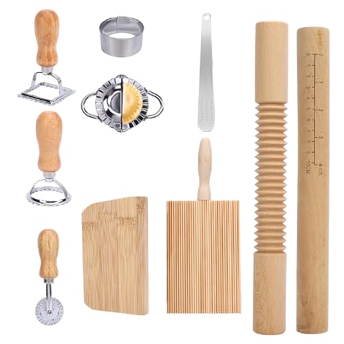 WRQIOO 10 Pieces Pasta Making Tool Set, Pasta Rolling Kit, Pasta Cutter with Ravioli Cutters, Wooden Gnocchi Board, Pasta Stamp Maker Cutter, Homemade Kitchen Gift for Baking Lovers