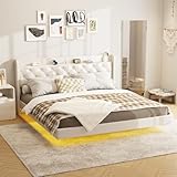 King Size Floating Bed Frame with LED Lights, Upholstered PU Leather Platform Bed with Charging Station & Button Tufted Headboard Storage, No Box Spring Needed, White