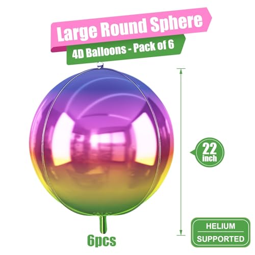 Image of Gradient Rainbow Round Foil Balloons Birthday Prom Decor 22 Inch 6 Pcs | Metallic Multicolor 4D Helium Ball Balloons for Graduation Wedding Anniversary Bachelorette Disco Prom Party Decorations