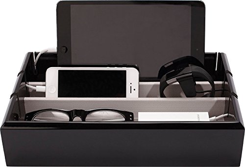 OYOBoxOYOBox Tech Tray Luxury Personal Electronics Organizer, Designer Lacquered Wood Stand Display Stores and Charges Multiple Devices Including: Tablets, iPhone + iPad and Smart Watches, Black