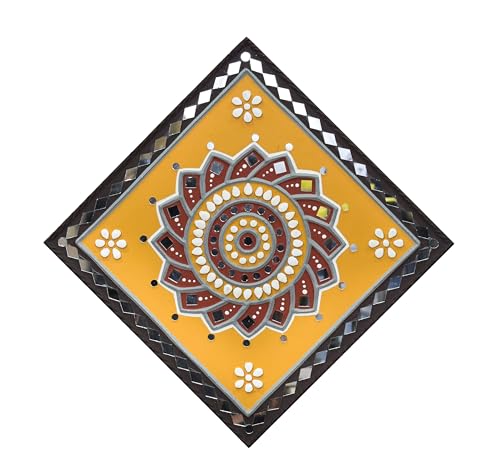 Image of Ethnics of Kutch Traditional Kutch Handicraft Mud-Mirrorwork Lippan Kam Wall Art (Water and Break Resistant) - Square (12 inch x 12 inch) - (Brown LKT-0272)