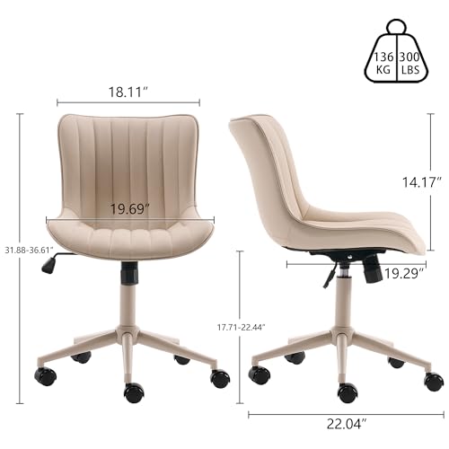 Image of YOUNIKE Office Desk Chair with Wheels Armless Vanity Chair Ergonomic Cream | Faux Leather Upholstered with Rocking Back, Swivel Height Adjustable, Modern Small Cute Task Chair For Sewing Drafting