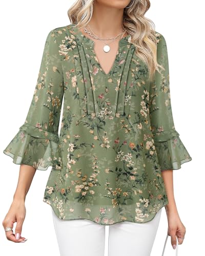 Furnex Womens 3/4 Sleeve Tops Dressy Casual Elegant Blouses V Neck Shirts Floral Double Layered Chiffon Tunic