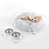 The LICKER Store Billie 24' x 15.75' Small Modern Lucite Pet Bed with Washable Cushion and 4' Elevated Pet Feeder with 27 oz 2-Stainless Steel Bowls, Light Gray/Clear (Set of 2) DBD2001A-2SET