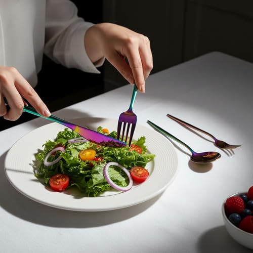 Image of 20 Pcs Rainbow Cutlery Set for Dining Table the Perfect Lightweight Silim Handle Tableware Including Dinner Spoon, Dinner Fork, Dinner Knife, Dessert Spoon & Dessert Fork