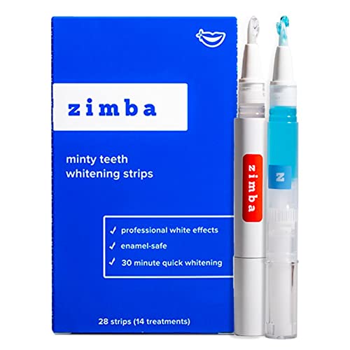 Zimba Essential Teeth Whitening Kit - Stain Remover for Coffee, Wine, and Other Stains - Cool Blue Desensitizing Pen, Teeth Whitening Pen, and Coconut Whitening Strips - 28 Strips (14-Day Treatment)