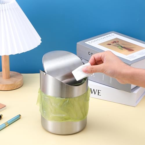 Image of MAQUITA 2 Pcs Desk Trash Can with Swing Lids, 2L Brushed Stainless Steel Countertop Garbage Bin Small Wastebasket with Lid for Office Desk, Coffee Table