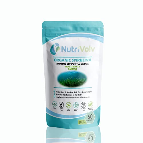Nutrivolv Organic Spirulina 500mg Capsules | Natural Protein Source | Dietary Supplement | Immune Health | Natural Detoxifier | Antioxidant | Metabolism | Vegan | 60 Capsules