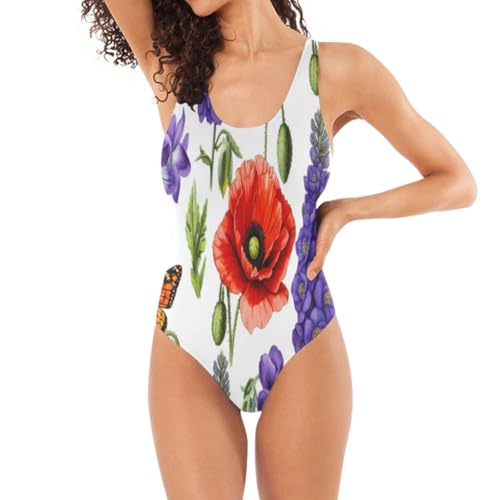 Botanical Wildflowers Red Poppies Women's Swim Suits, Open Back Swimsuit Aesthetic One-Piece Swimsuit