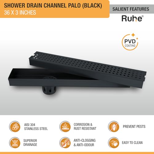Image of Ruhe Palo 36 x 3 Inches Shower Drain Channel | 304 Stainless Steel Black PVD Coated Shower Water Drain Channel /Waste Water Floor Drain & Side Hole