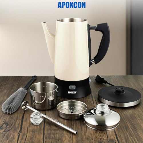 Image of APOXCON Electric Coffee Percolator All Stainless Steel Coffee Maker with Glass Knob Classic Coffee Pot with Keep Warm Cordless Serve - No Aluminum No Plastic Contact with Beverage Cream (12 Cup)