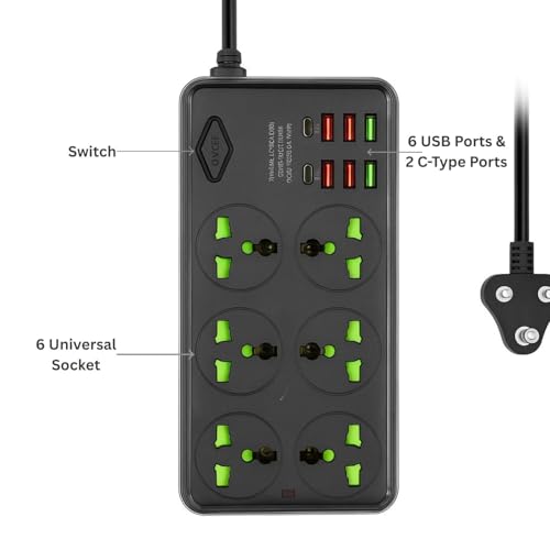 Image of Extension Board, Power Strip with 6 USB Ports and 3 Universal Socket, 2500W 10A Extension Cord, 3-Pin Surge Protector Power Strip for Home, Office, Computer, Mobile Charging (Black-Z69)