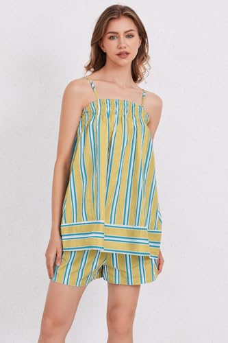 Image of calbatic Women 2 Piece Lounge Set Striped Summer Pajama Set Sleeveless Peplum Cami Top and Wide Leg Shorts Set Beachwear