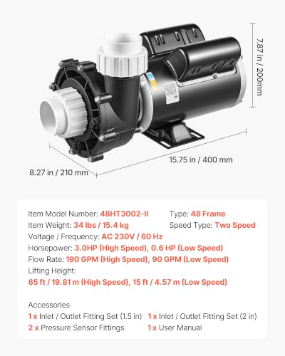 Image of VEVOR SPA Pump 3HP Hot Tub Pump 2 Speed 48 Frame with 1.5 inch & 2 inch Port, 230V, 190 GPM High Speed & 90 GPM Low Speed, 90 Rotational Interface, SPA Bath Water Circulation, Compatible with OEM Models
