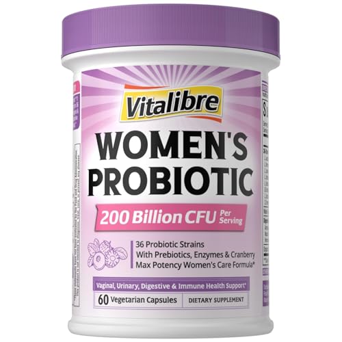Vitalibre Probiotics for Women 200 Billion CFU, 36 Unique Strains, with Cranberry Prebiotics & Digestive Enzymes, High Potency Vaginal Probiotics, Full-Spectrum Gut Health, 60 Vegan Capsules