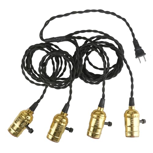 Vintage Plug-in Pendant Light Kit with 1-to-4 Hanging E26/E27 Sockets, Industrial Hanging Light with Individual Rotary Switches, Easy DIY Lighting for Living Room, Patio and Plant Corners, Gold - Image 7