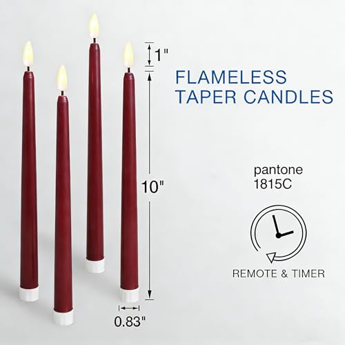 Image of Burgundy Flameless Taper Candles with Remote, Flickering Battery LED Candlesticks Home Decor Set of 4