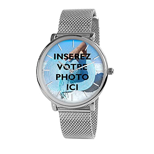Speedwatch. Montre Personnalisable avec Une Photo téléchargeable. Montre Mixte, chromée. Bracelet milanais métallique à Maille Souple. Message Personnel...