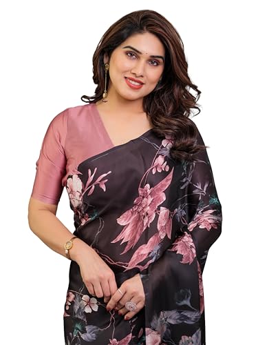 Image of ALMAARI FASHION Satin Georgette Floral Printed Saree with Blouse, 5.5 Meter Saree with 0.8 Meter Blouse, Traditional (SG 109 SH)