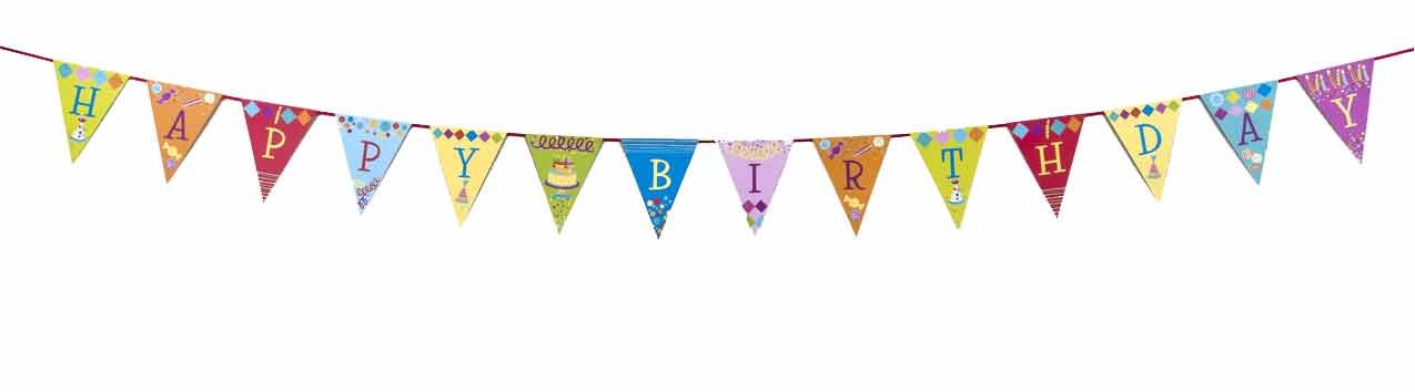 Penelope's Parties Paper Bunting Triangle Flag Party Banner, Happy Birthday Cake, 13-Feet