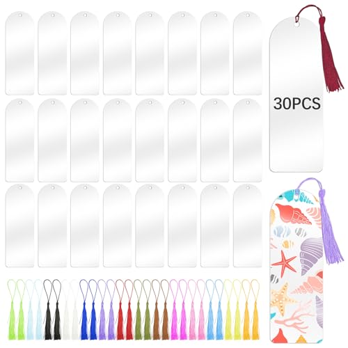 30 Pcs Clear Acrylic Bookmarks Blanks 6 x 2 Plastic Book Page Markers Transparent Semicircle Acrylic Bookmark Blank Bulk with 30 Pcs Book Mark Tassels for DIY Crafting Projects and Gift Tags