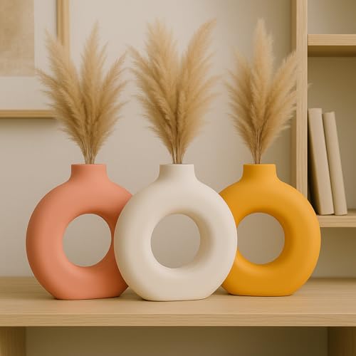 Image of Store499 Ceramic Flower Vase | Pampas Grass Vase | Home Decor Centrepiece | Decor Showpiece (Pack of 3) (Colour- White, Pink, Yellow) (Shape- Donut, Donut, Donut(Size- 6, 6, 6 Inch)