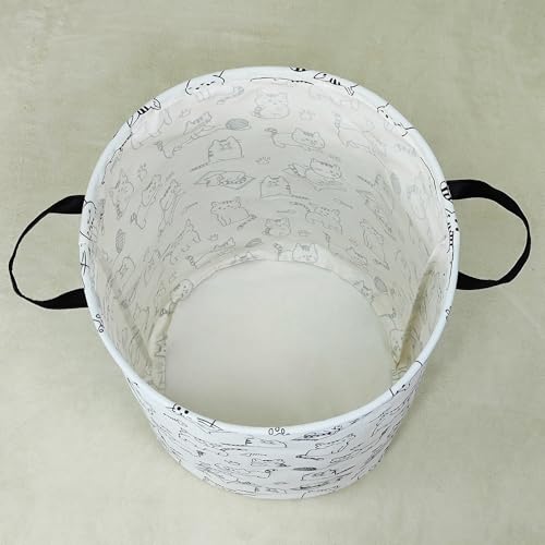 Image of Round Laundry Basket Collapsible Storage Hamper Organizer Cat | Waterproof Canvas Foldable Baskets with sturdy Handles Multi-scene Organizer for Home Play Bedroom Gift Bin