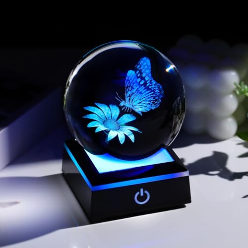 Image of Arikyrist 3D Crystal Ball Butterfly Flower Figurine with LED Base, Laser Butterfly Gifts for Women Men, Glass Butterfly Statue Ball Night Light for Christmas Birthday Home Decor (80mm)