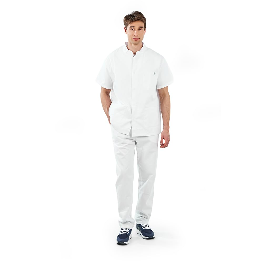 MYLOOKPRO - Tunique Professionnelle Homme Blanche – Blouse Médicale Manches Courtes Polycoton – Col Officier Boutons Pression – 3 Poches – Tenue Infirmier, Laboratoire, Esthétique
