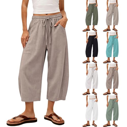 HJYUZP Capri Linen Barrel Balloon Pants for Women Drawstring Wide