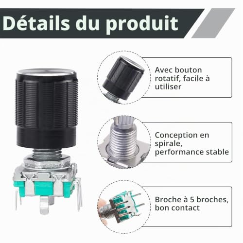 5 Pièces Rotary Encodeur EC11, Rotatif 360 Degrés avec Bouton et Interrupteur, Module Codeur Potentiomètre Numérique 5 Broches pour Arduino, Projets Électroniques, Audio, Maison Intelligente, DIY – vue 3