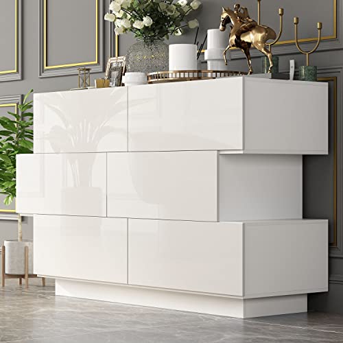 FAMAPY High Gloss Chest of Drawers 6 Drawer Dresser, Modern and Contemporary Glossy Dresser for Bedroom White (46.1”W x 15.7”D x 30.7”H)