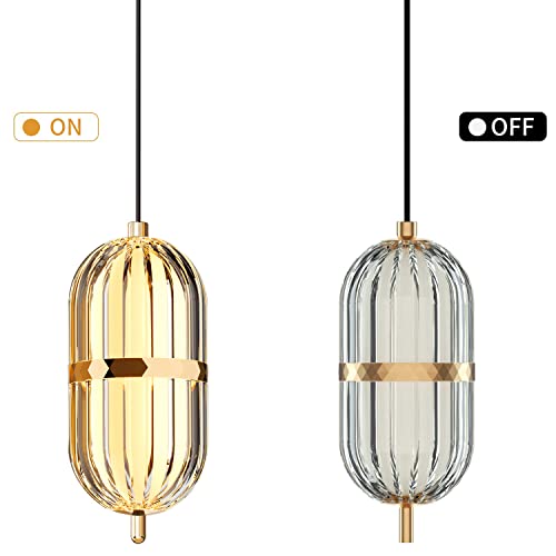 Threedeshu 1-Light Led Pendant Light, Modern Clear Acrylic Shade With Gold Rim Dimmable Hanging Lights Fixture,10W，3000K，Base Diameter 3.5 Inches For Kitchen Island Living Room Bedroom #TOP3