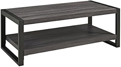 Walker Edison Industrial Modern Rectangle Metal Base and Wood Coffee Table Living Room Accent Ottoman, 48 Inch, Charcoal