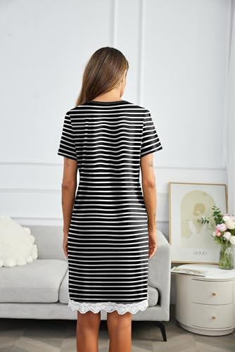 Image of Ekouaer Women Striped Nightgowns Button Down Sleepshirts Short Sleeves Nightshirts