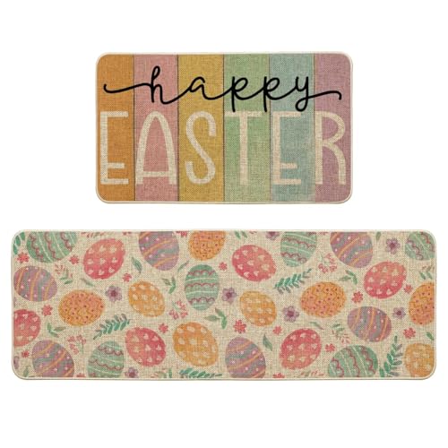 Artoid Mode Colorful Eggs Happy Easter Kitchen Mats Set of 2, Spring Home Decor Low-Profile Kitchen Rugs for Floor - 17x29 and 17x47 Inch