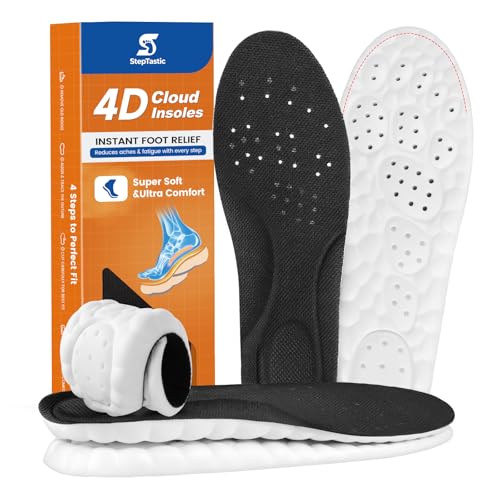 StepTastic Insoles for Men and Women, 4D Cloud Shoe Inserts for Pain Relief, Trimmable Memory Foam Insoles for Long Standing & Hiking, Cushioning Insoles to Enhance Comfort (Black, M 9-10.5/W 11-12.5)