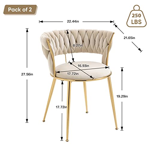 Modern Velvet Dining Chairs Set Of 2, Upholstered Living Room Chair With Woven Back And Golden Metal Legs, Mid-Century Accent Side Chair For Dining Room, Living Room, Kitchen, Vanity Room, Ivory #TOP6